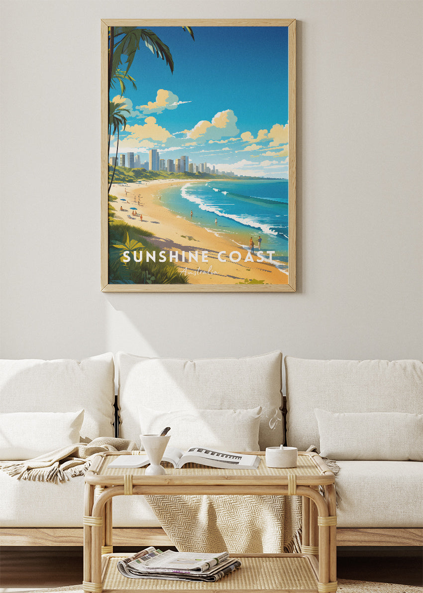 Sunshine Coast Australia Travel Poster & Canvas Wall Art – Beach Skyline Print