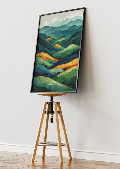 Emerald Rolling Hills – Modern Layered Mountain Landscape Canvas & Poster Print – AI PRINT LAB