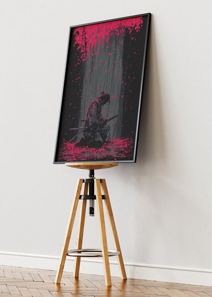 Samurai Wall Art – Dark Japanese Warrior Canvas Print & Modern Red Sakura Statement Poster for Living Room Decor UK