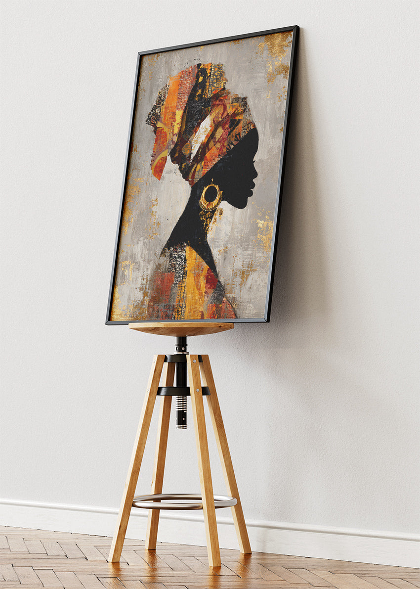 African Silhouette Wall Art – Gold and Orange Headwrap Portrait Canvas Print & Modern Cultural Statement Poster for Living Room Decor UK