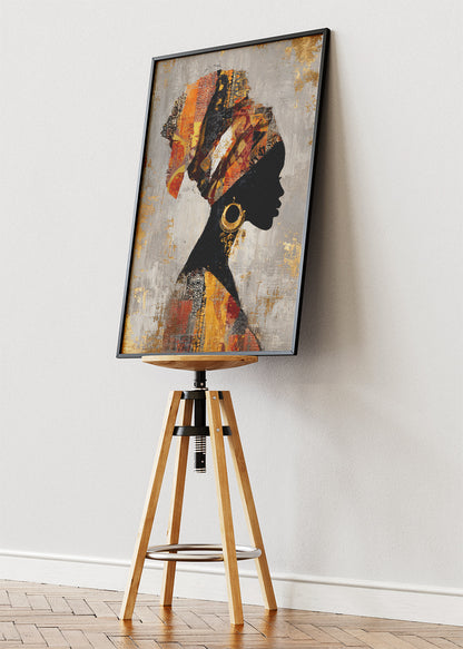 African Silhouette Wall Art – Gold and Orange Headwrap Portrait Canvas Print & Modern Cultural Statement Poster for Living Room Decor UK