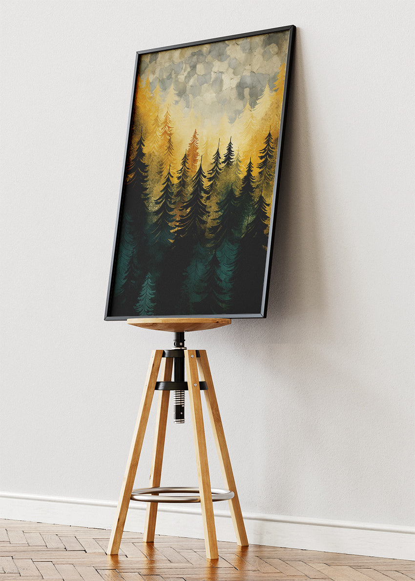 Golden Forest Mist – Modern Pine Tree Landscape Canvas & Poster Print – AI PRINT LAB
