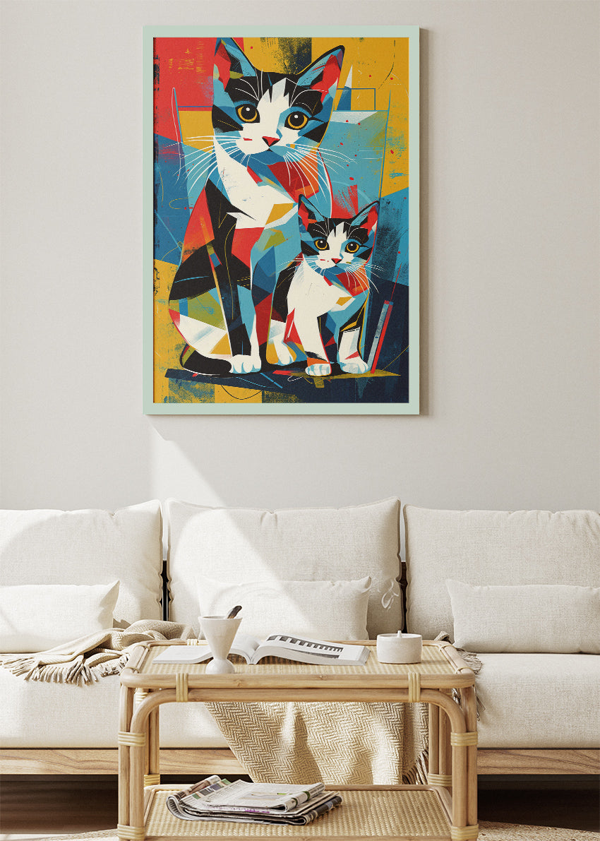 Colorful Cats Poster & Canvas Print – Modern Geometric Two Cats Wall Art