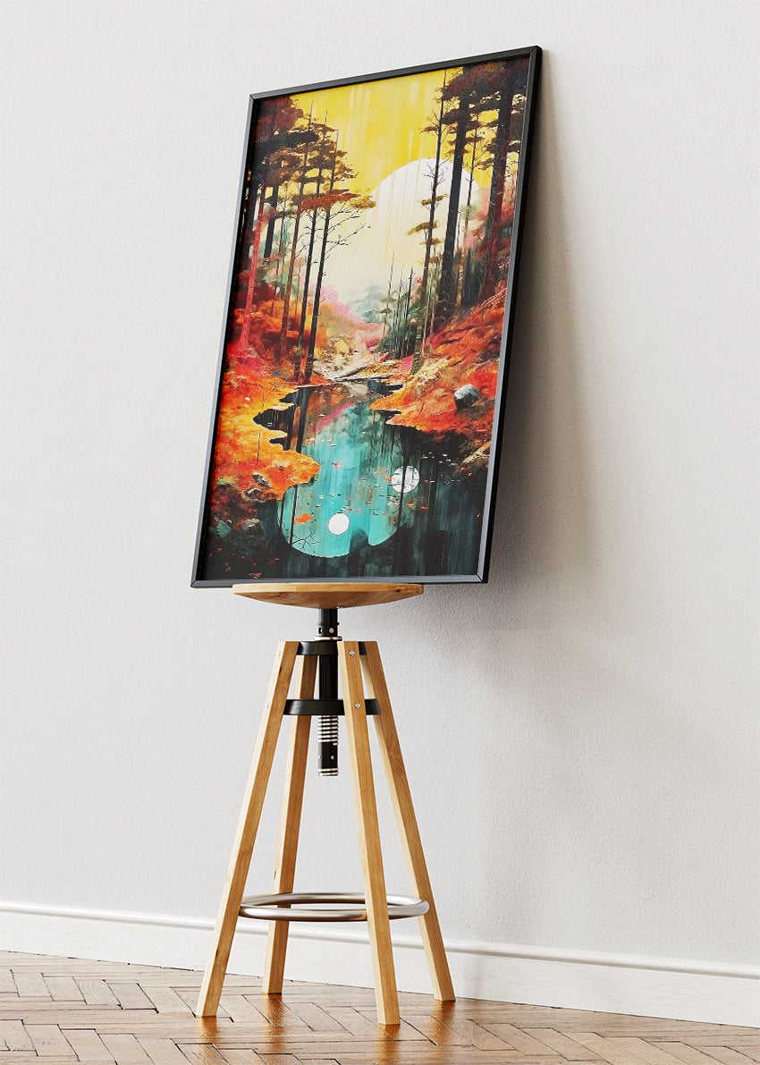 Autumn Reflection River – Modern Golden Forest Canvas & Poster Print – AI PRINT LAB