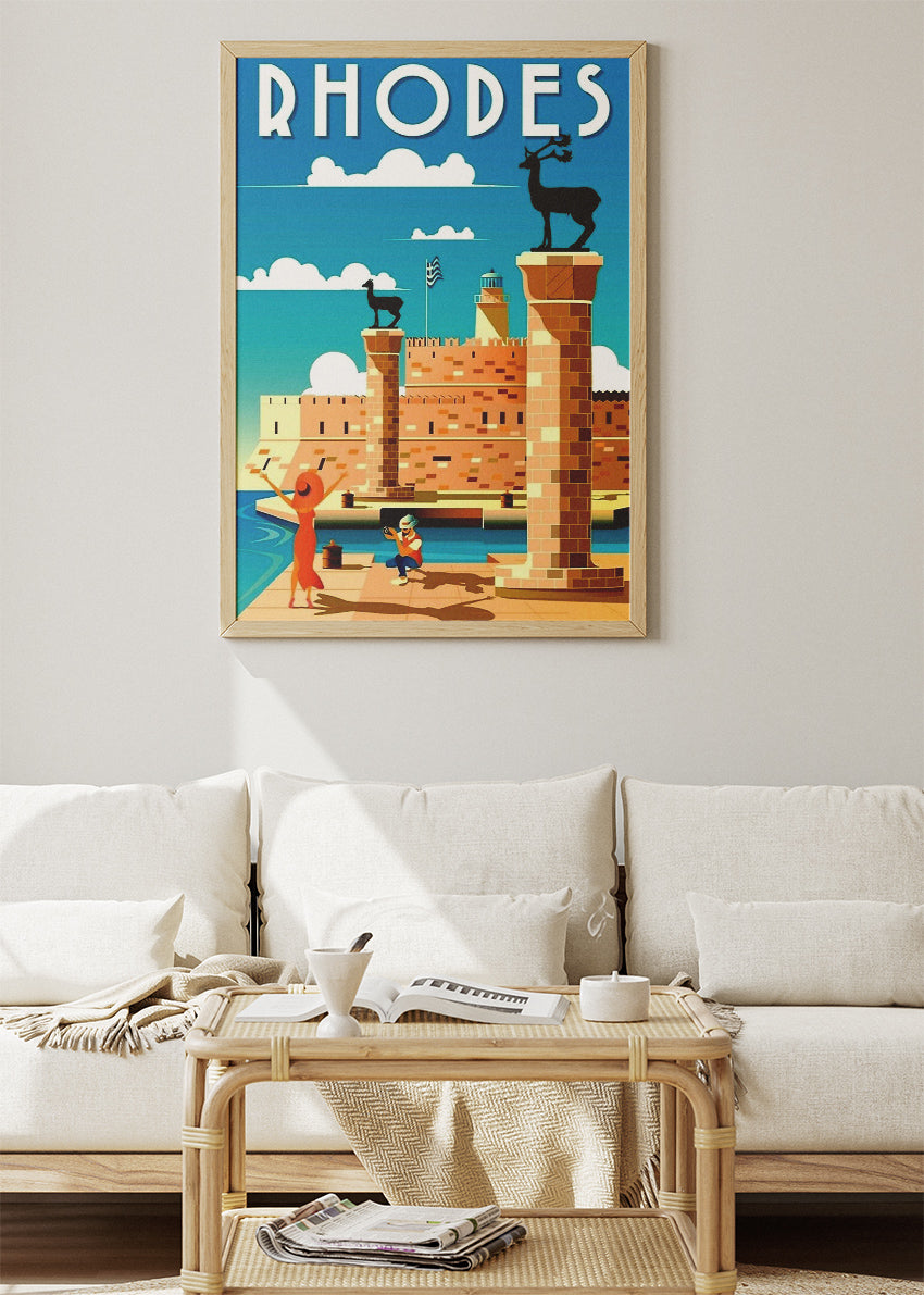 Rhodes Greece Vintage Travel Poster & Canvas Print – Mediterranean Old Town Art