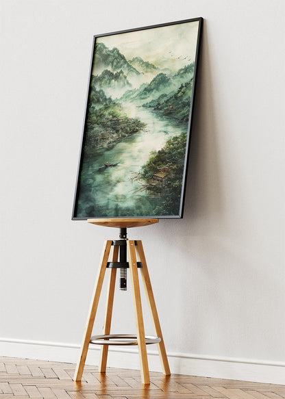 Misty Mountain River Village – Tranquil Asian Landscape Wall Art Poster & Canvas – AI PRINT LAB