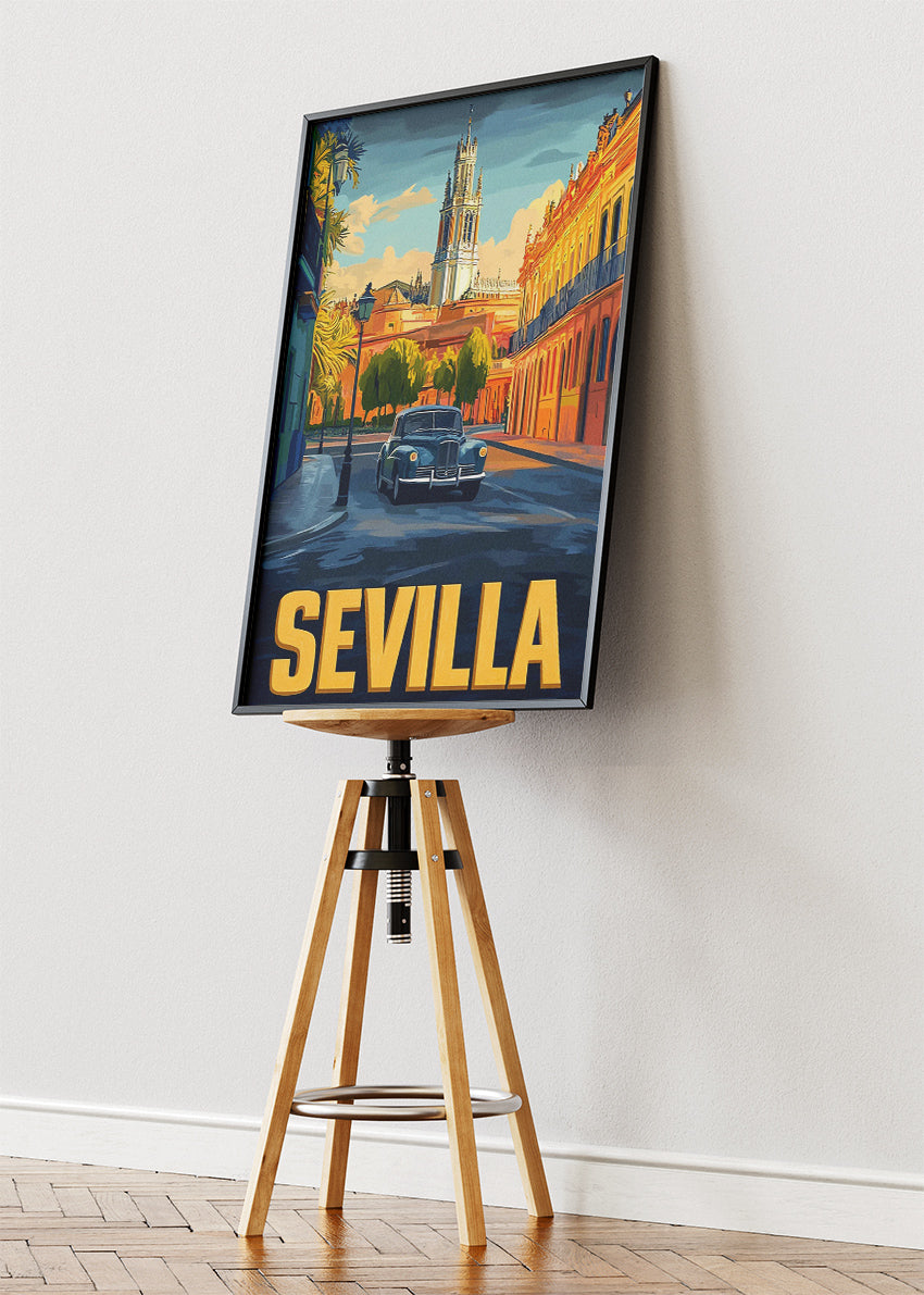 Sevilla Spain Poster & Canvas Print – Vintage Illustrated Andalusia Classic Car Art