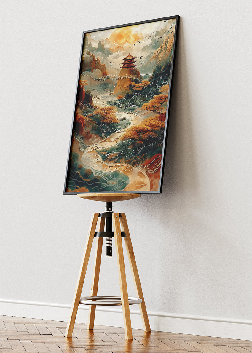 Golden Pagoda Valley – Oriental Mountain Landscape Canvas & Poster Print – AI PRINT LAB