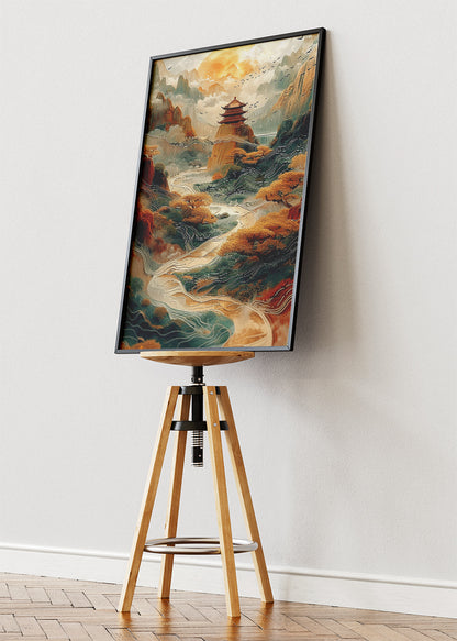 Golden Pagoda Valley – Oriental Mountain Landscape Canvas & Poster Print – AI PRINT LAB