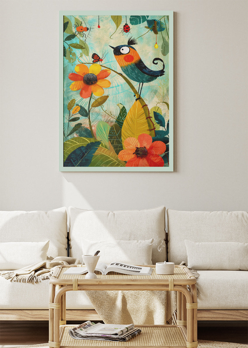 Whimsical Bird & Floral Garden Poster & Canvas Print – Colorful Nature Illustration Art