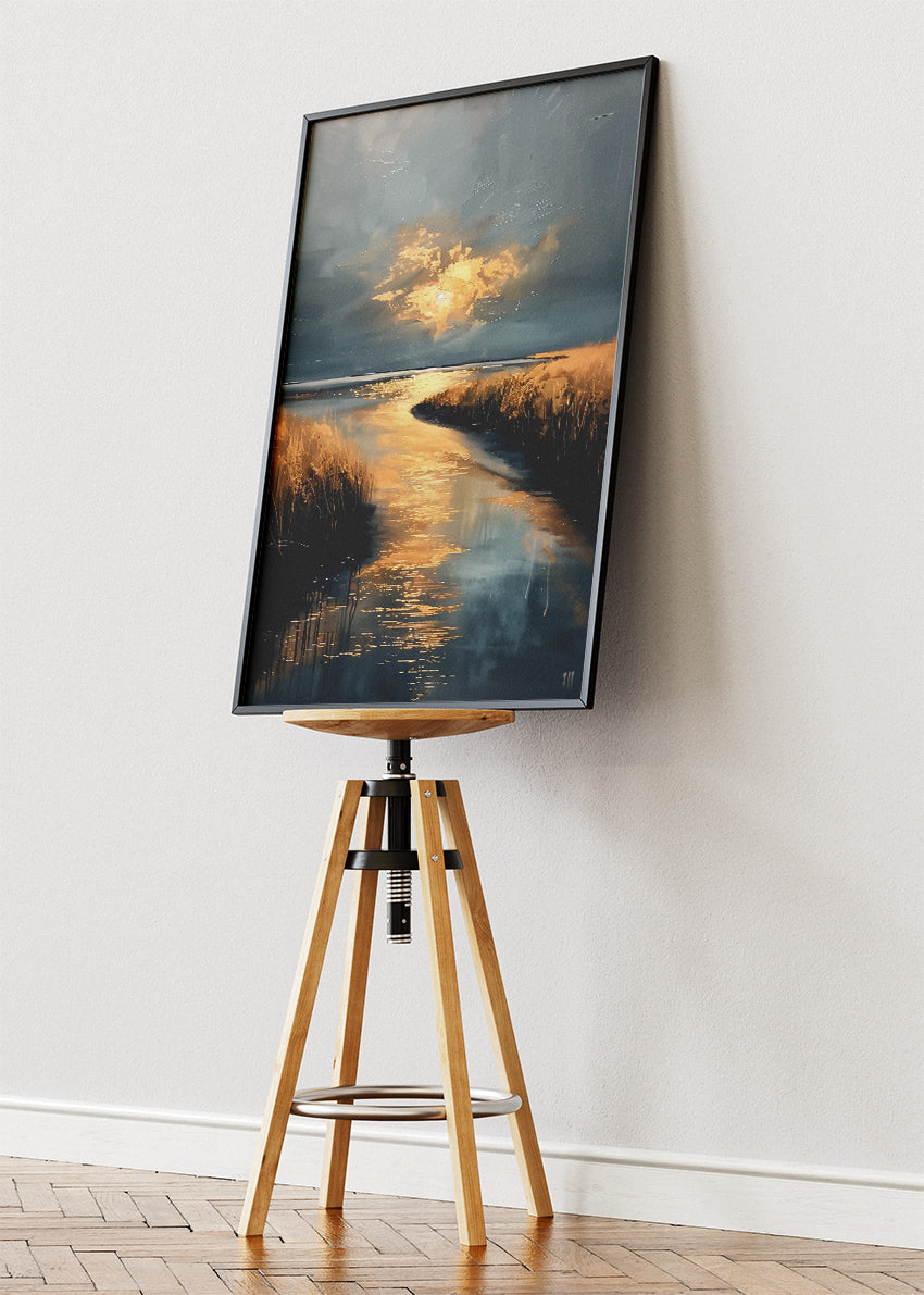 Golden River Glow – Moody Sunset Waterscape Canvas & Poster Print – AI PRINT LAB