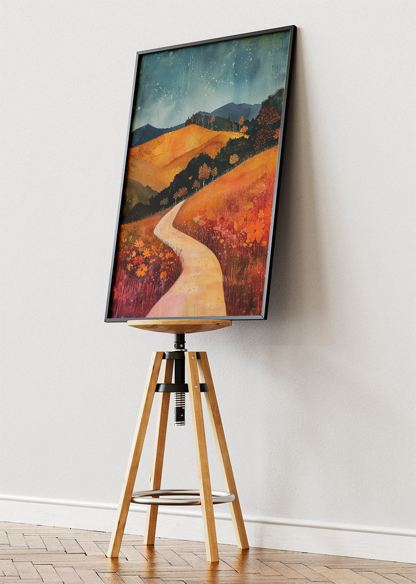 Autumn Pathway Hills – Warm Countryside Landscape Canvas & Poster Print – AI PRINT LAB