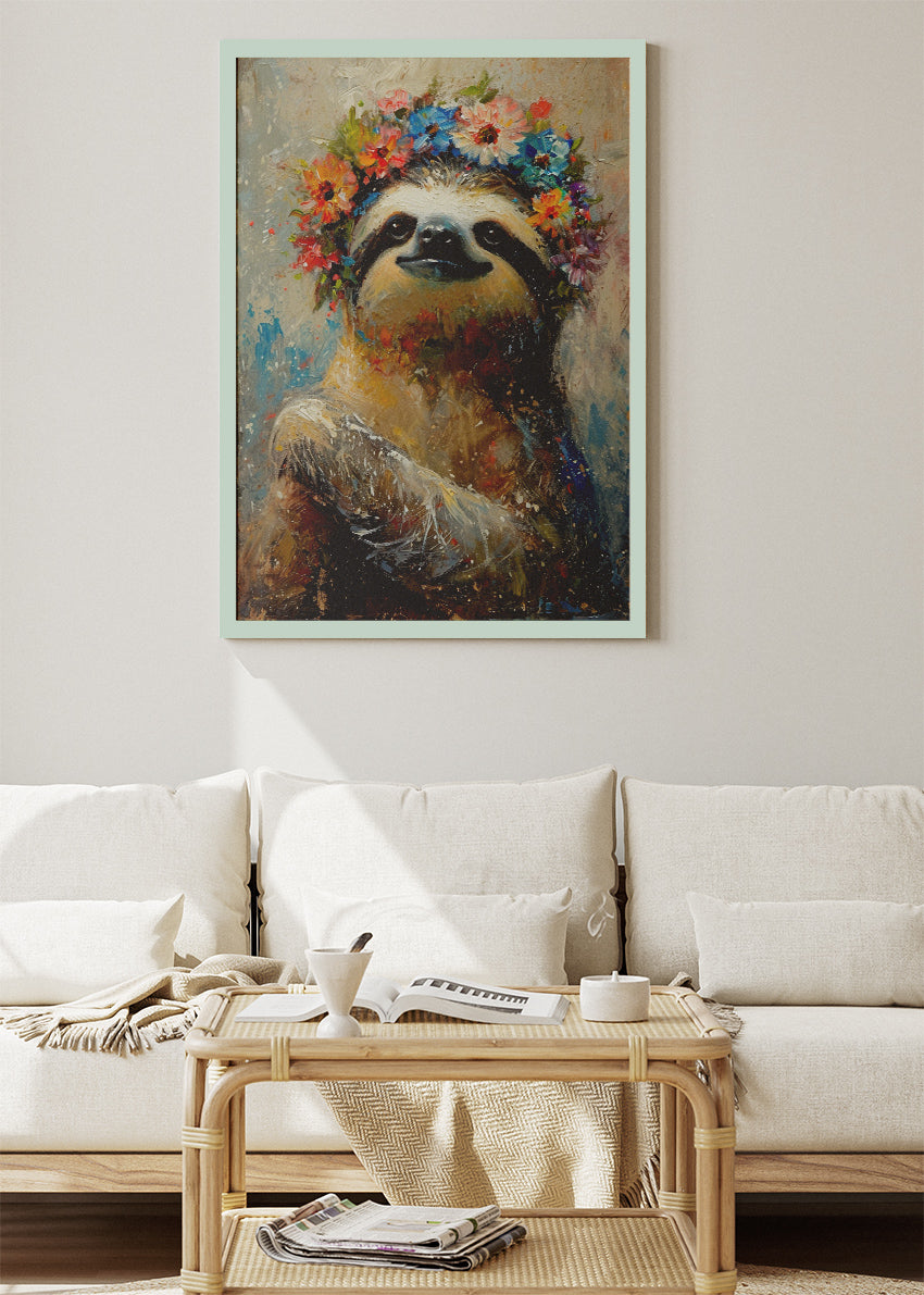 Boho Floral Sloth Poster & Canvas Print – Whimsical Animal Art Illustration