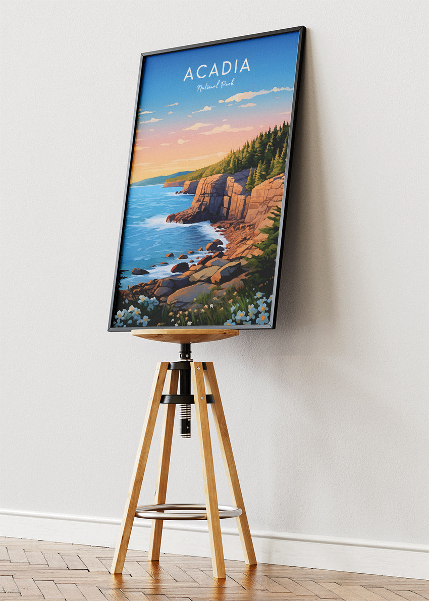 Acadia National Park Poster & Canvas Print – Coastal Cliff Sunrise Illustration Wall Art