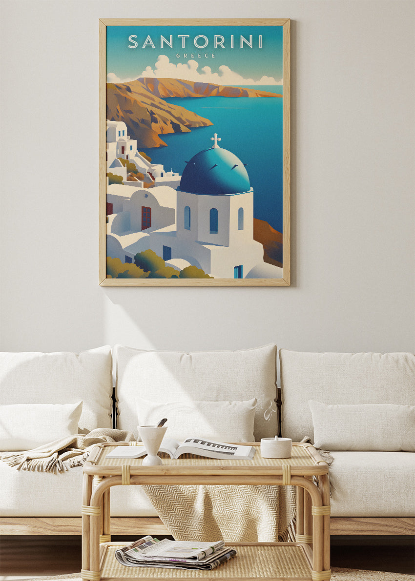 Santorini Greece Blue Dome Poster & Canvas Print – Greek Island Caldera View Art