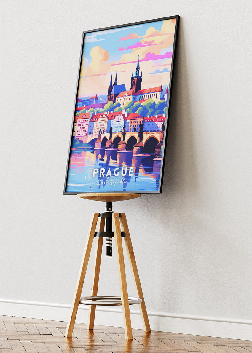 Prague Czech Republic Travel Poster & Canvas Print – Charles Bridge Skyline Wall Art