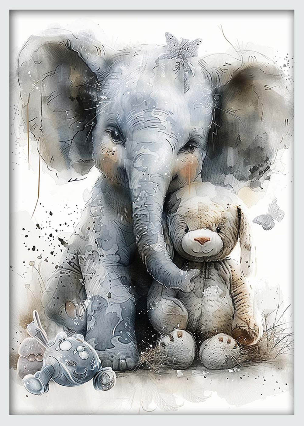 Baby Elephant & Stuffed Bunny – Soft Watercolor Nursery Canvas & Poster Wall Art – T1027 – AiPrintLab