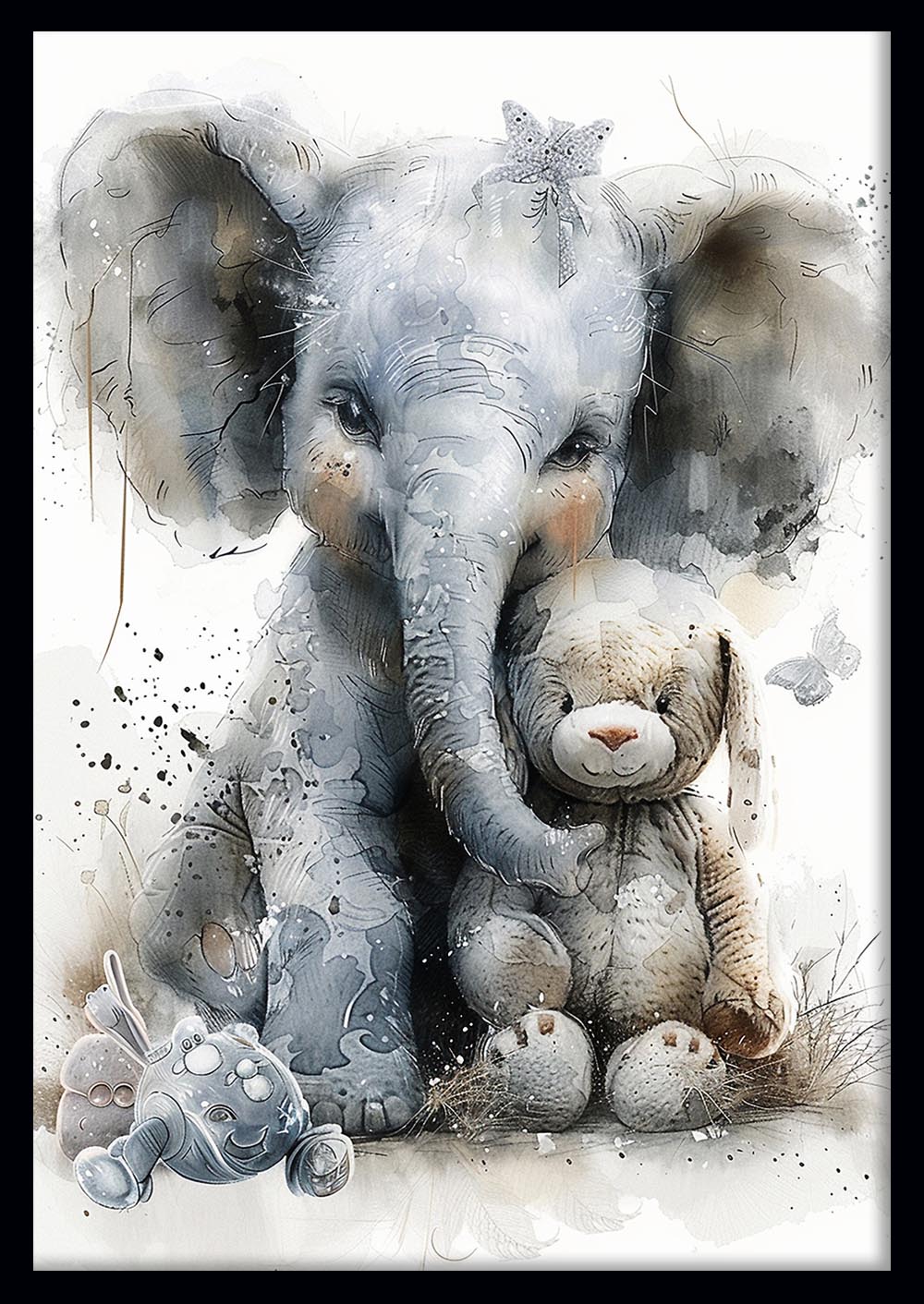 Baby Elephant & Stuffed Bunny – Soft Watercolor Nursery Canvas & Poster Wall Art – T1027 – AiPrintLab