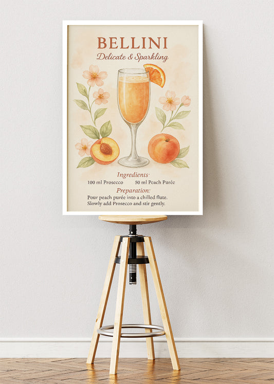 Bellini Watercolor Cocktail Poster & Canvas Print | Delicate Floral Bar Wall Art