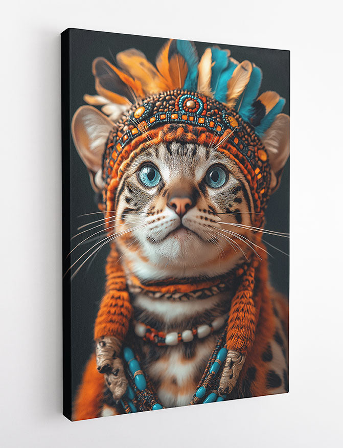 Bengal Cat Tribal Portrait Wall Art – Boho Animal Canvas & Poster Print – T1393 –