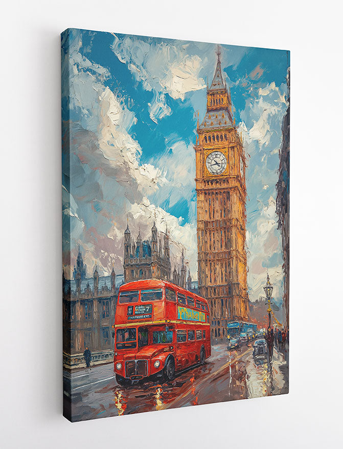 Big Ben & Red London Bus – Iconic UK Cityscape Canvas Wall Art & Poster Print – T1180 – AiPrintLab