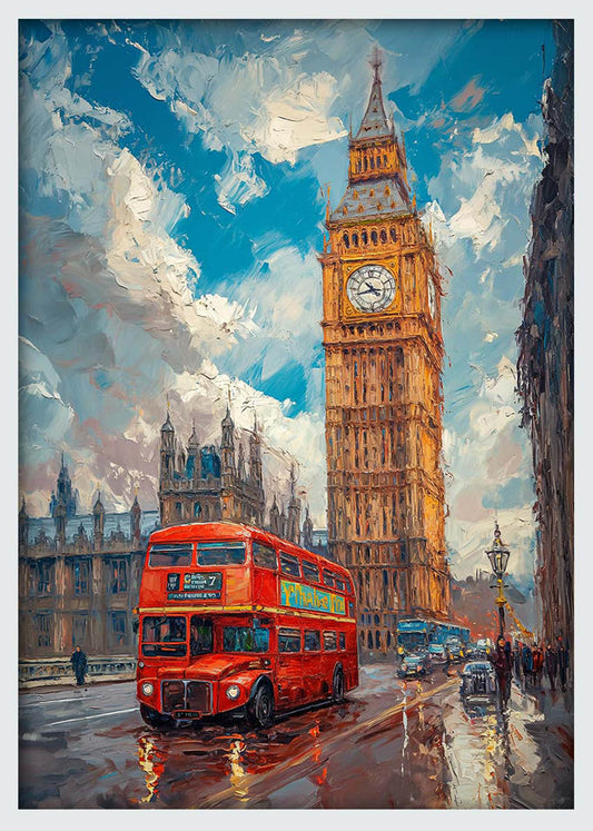 Big Ben & Red London Bus – Iconic UK Cityscape Canvas Wall Art & Poster Print – T1180 – AiPrintLab