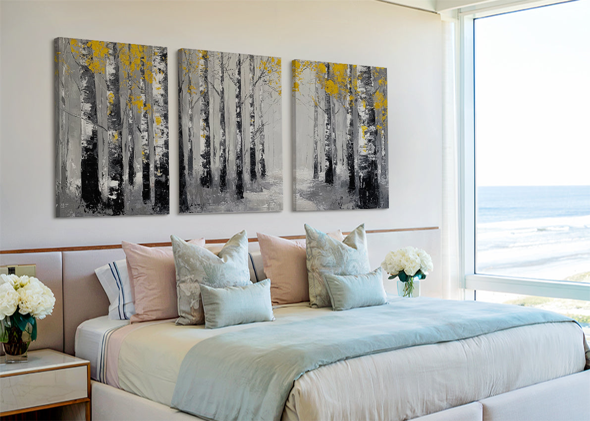 Birch Forest Path Canvas Wall Art – Black & White Woodland Landscape – Single & 3 Panel Canvas – AI PRINT LAB