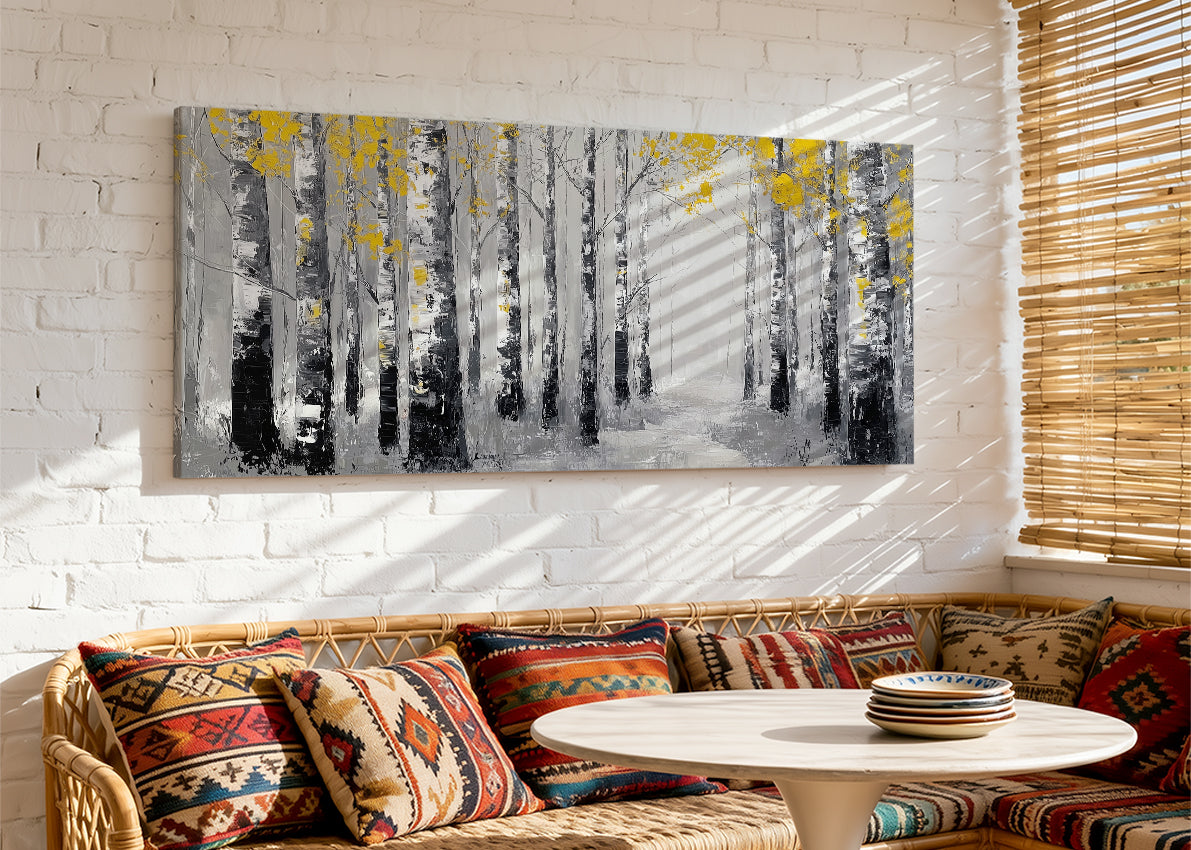 Birch Forest Path Canvas Wall Art – Black & White Woodland Landscape – Single & 3 Panel Canvas – AI PRINT LAB