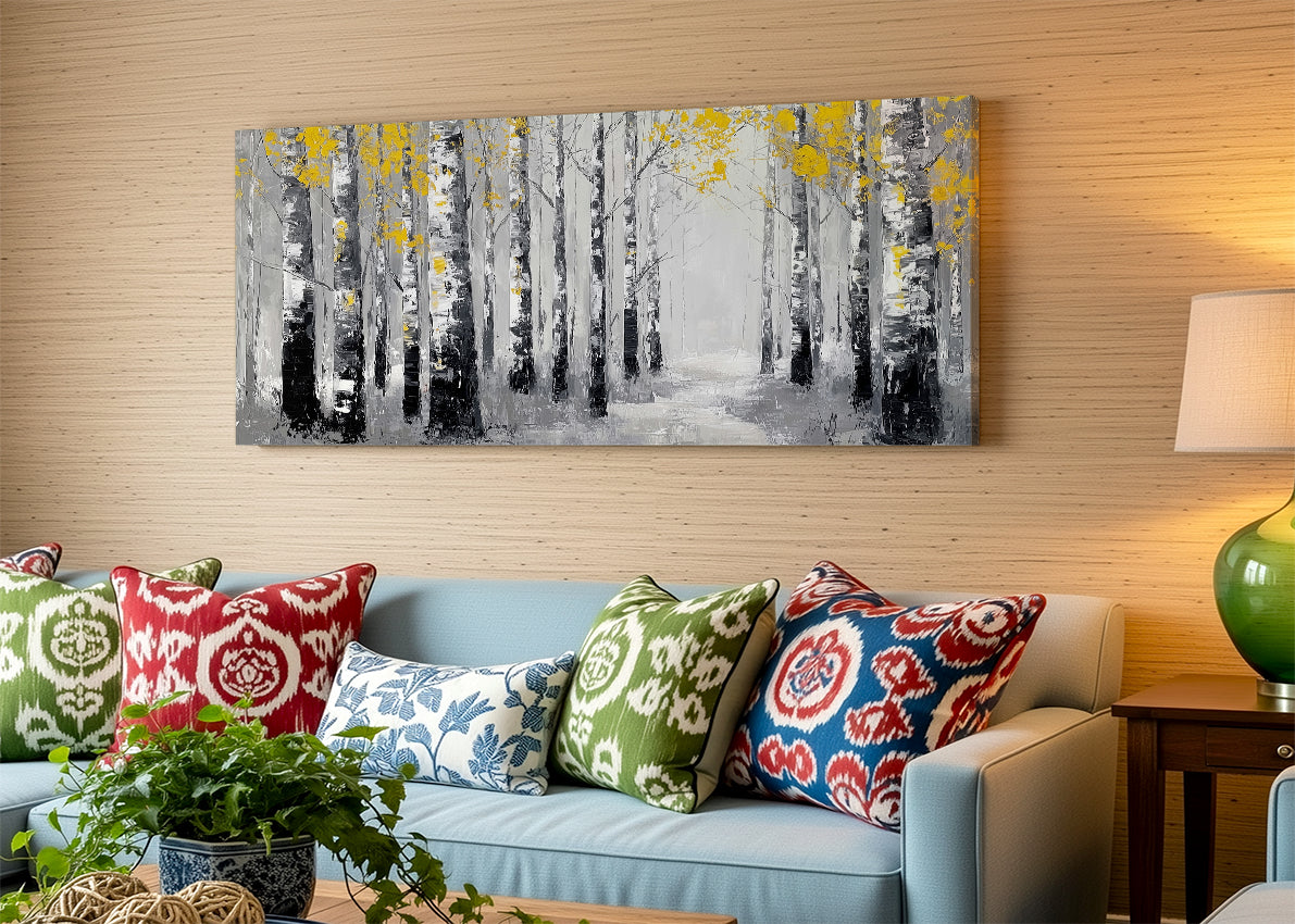 Birch Forest Path Canvas Wall Art – Black & White Woodland Landscape – Single & 3 Panel Canvas – AI PRINT LAB