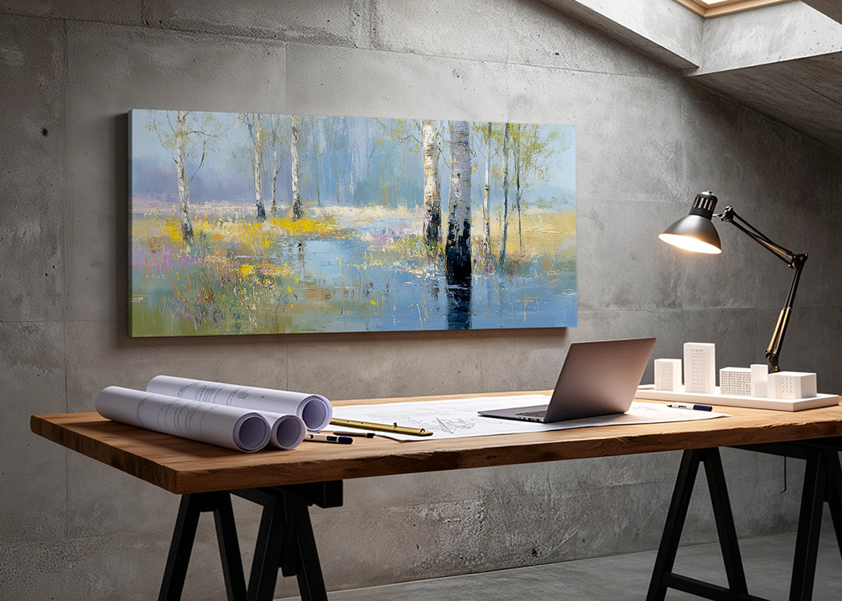 Birch Tree Reflection Canvas Wall Art – Single & 3 Panel Split – AI PRINT LAB