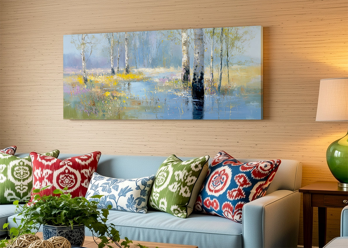 Birch Tree Reflection Canvas Wall Art – Single & 3 Panel Split – AI PRINT LAB