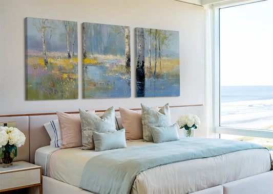 Birch Tree Reflection Canvas Wall Art – Single & 3 Panel Split – AI PRINT LAB