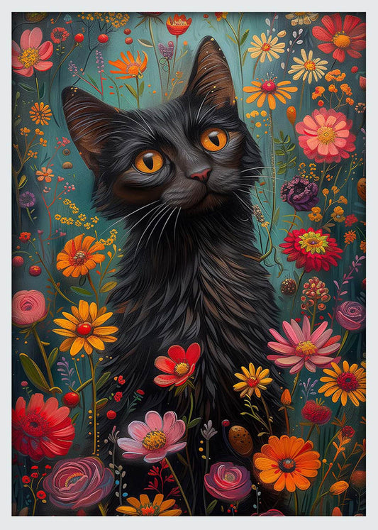 Black Cat in Bloom – Whimsical Floral Garden Canvas & Poster Wall Art – T1202 – AiPrintLab