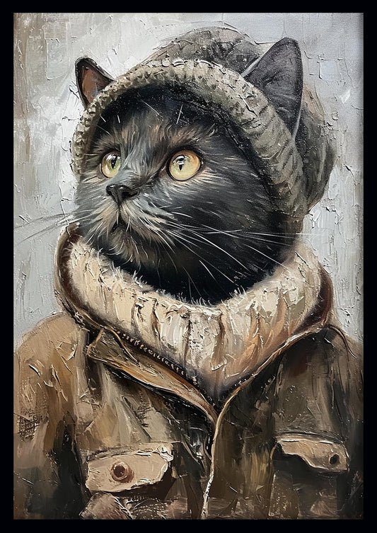 Black Cat in Winter Coat – Fashion Animal Canvas Art Print – T937 – AiPrintLab