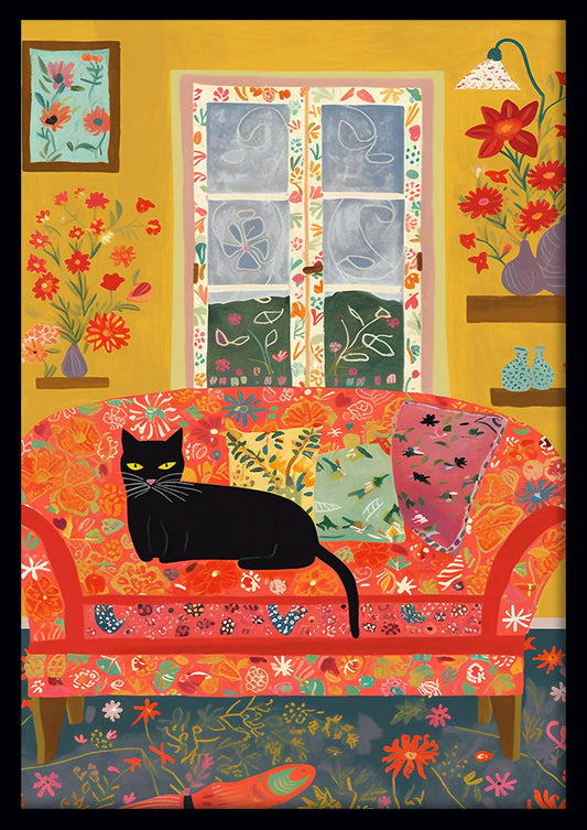 Black Cat on Floral Sofa Whimsical Art Print & Canvas – T552 – AiPrintLab