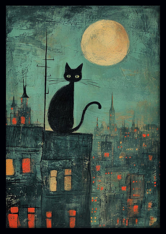 Black Cat on Rooftop Under Full Moon Canvas Print & Poster – T613 – AiPrintLab