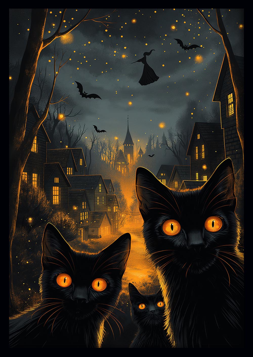 Black Cats & Witches Night – Spooky Halloween Village Canvas & Poster Wall Art – T1153 – AiPrintLab