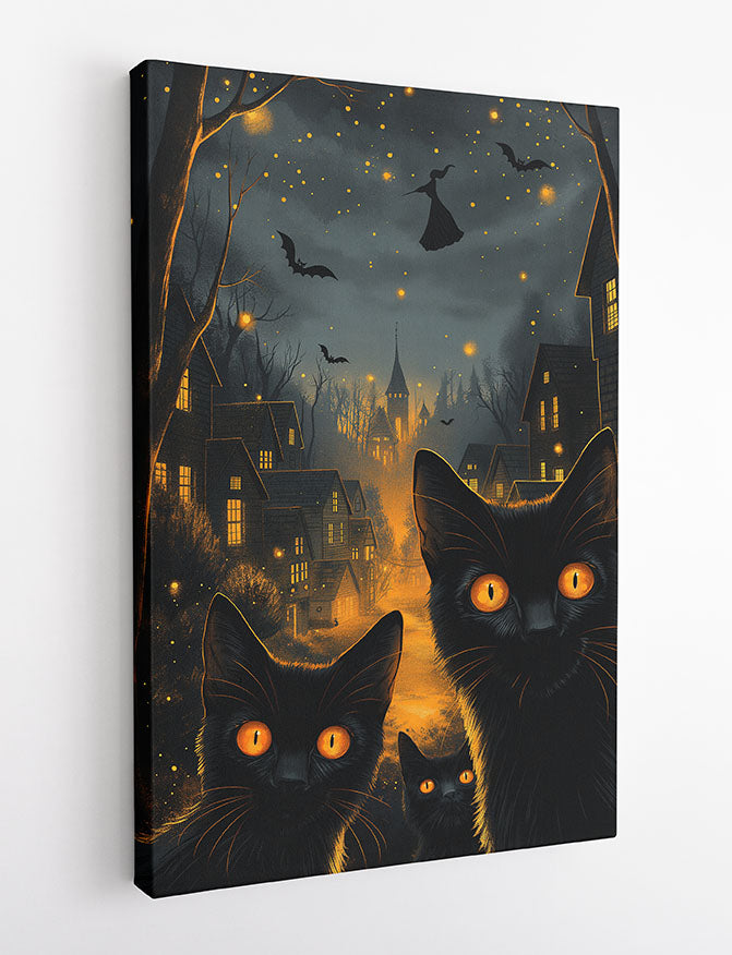 Black Cats & Witches Night – Spooky Halloween Village Canvas & Poster Wall Art – T1153 – AiPrintLab