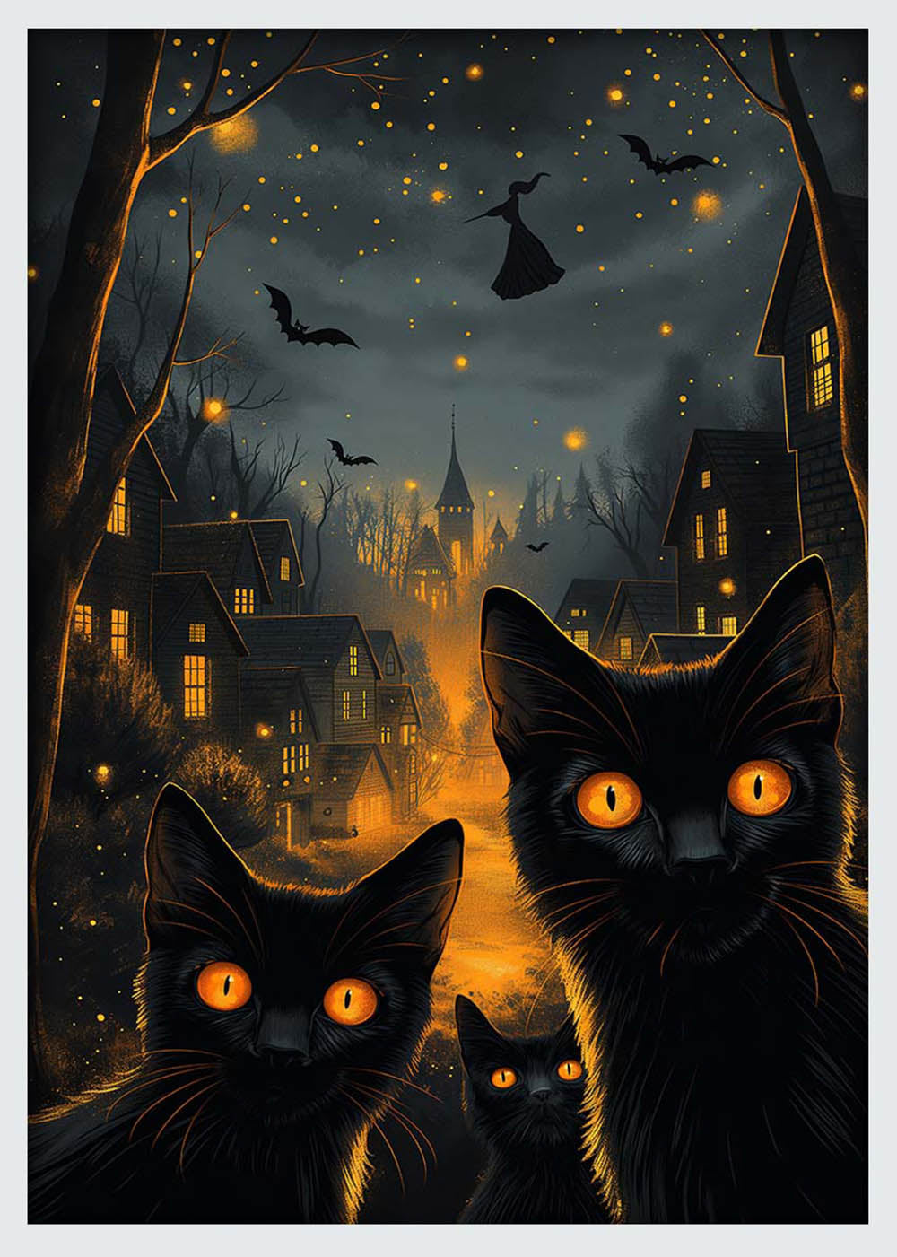 Black Cats & Witches Night – Spooky Halloween Village Canvas & Poster Wall Art – T1153 – AiPrintLab