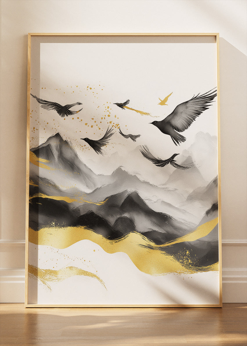 Black & Gold Flying Birds Over Mountains – Minimalist Luxury Wall Art – AI PRINT LAB
