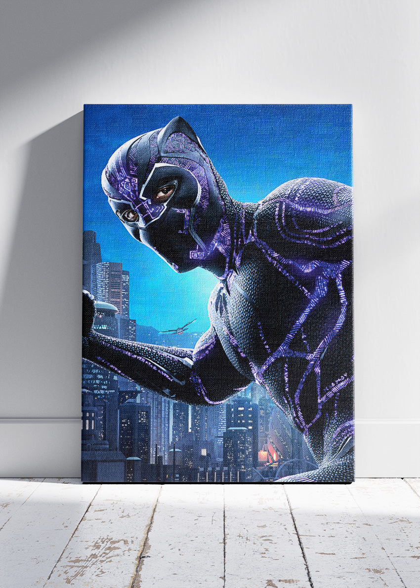Black Panther – Neon City Hero Canvas & Poster Print – AI PRINT LAB