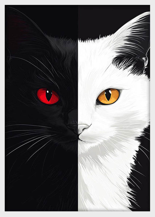 Black & White Cat with Red and Amber Eyes – Dual Contrast Animal Canvas & Poster Print – T1306 – AiPrintLab
