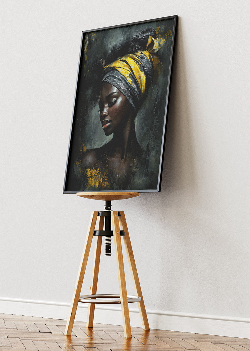 Black and Gold African Woman Wall Art – Elegant Headwrap Portrait Canvas Print & Luxury Modern Statement Poster for Living Room Decor UK