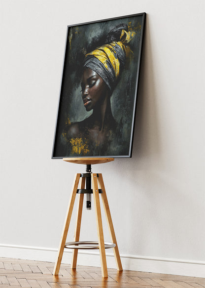 Black and Gold African Woman Wall Art – Elegant Headwrap Portrait Canvas Print & Luxury Modern Statement Poster for Living Room Decor UK
