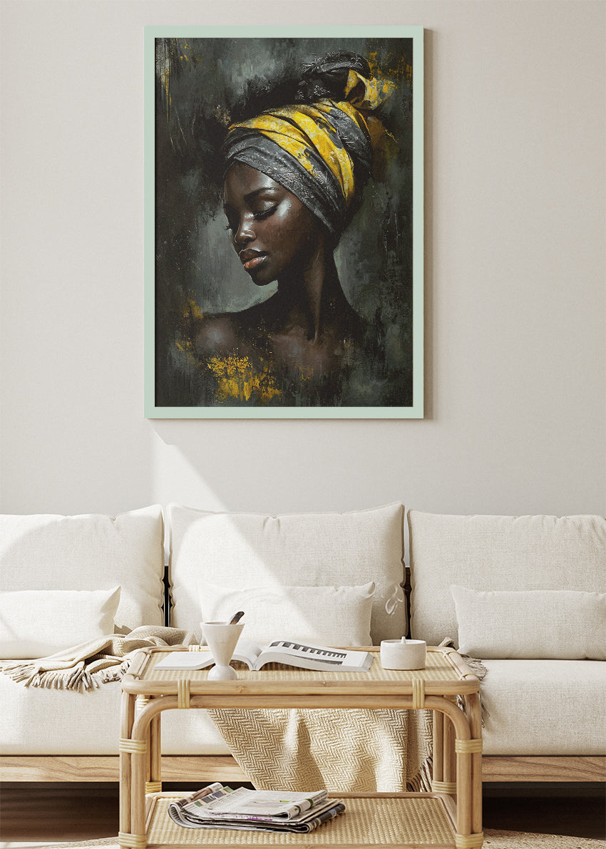Black and Gold African Woman Wall Art – Elegant Headwrap Portrait Canvas Print & Luxury Modern Statement Poster for Living Room Decor UK