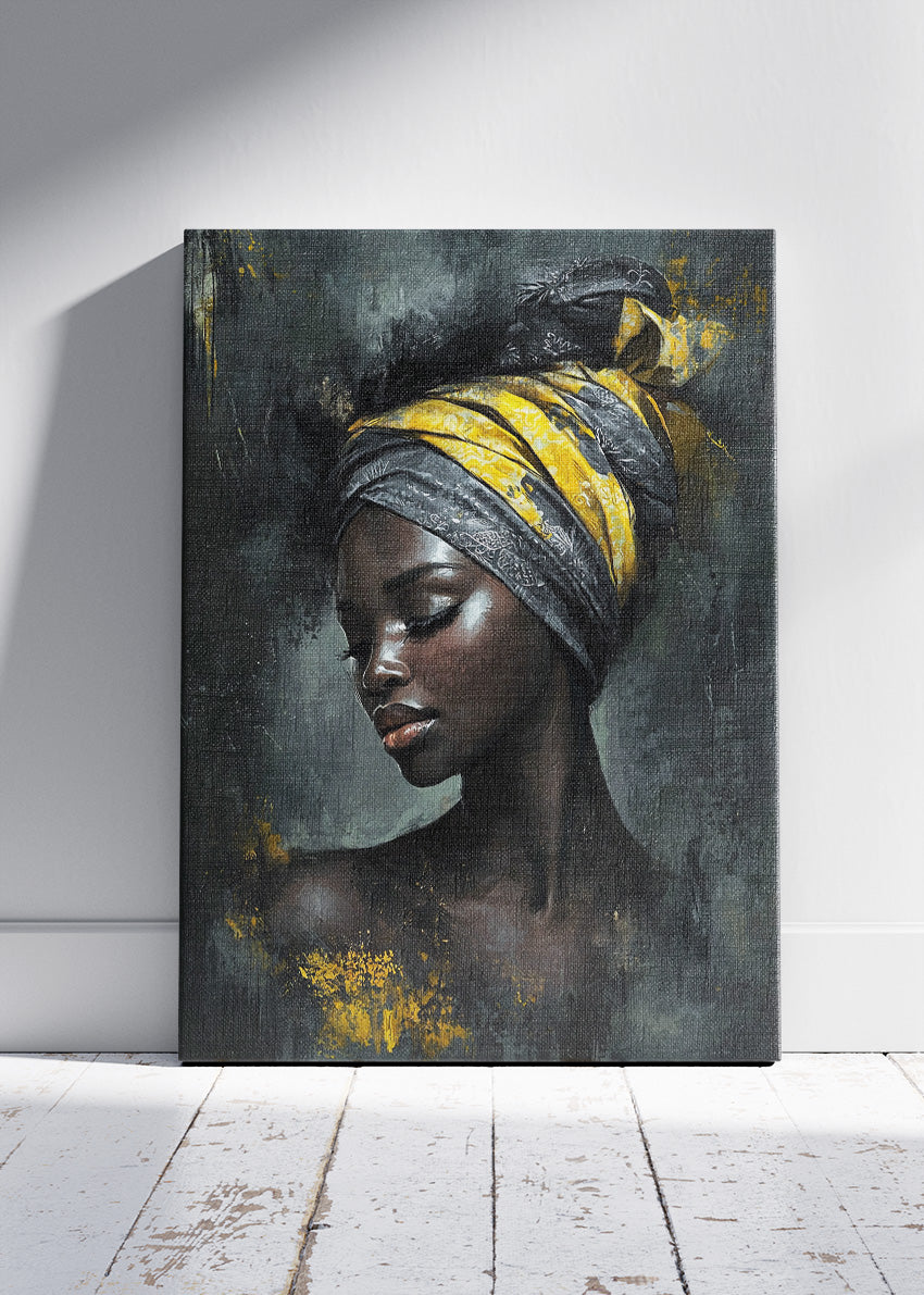 Black and Gold African Woman Wall Art – Elegant Headwrap Portrait Canvas Print & Luxury Modern Statement Poster for Living Room Decor UK