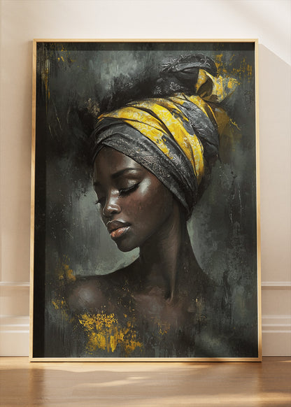 Black and Gold African Woman Wall Art – Elegant Headwrap Portrait Canvas Print & Luxury Modern Statement Poster for Living Room Decor UK