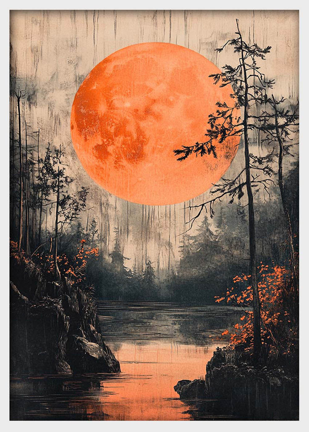 Blood Moon Over Forest Lake Canvas Wall Art & Poster Print | Mystical Night Landscape Painting – T1335 – Aiprintlab