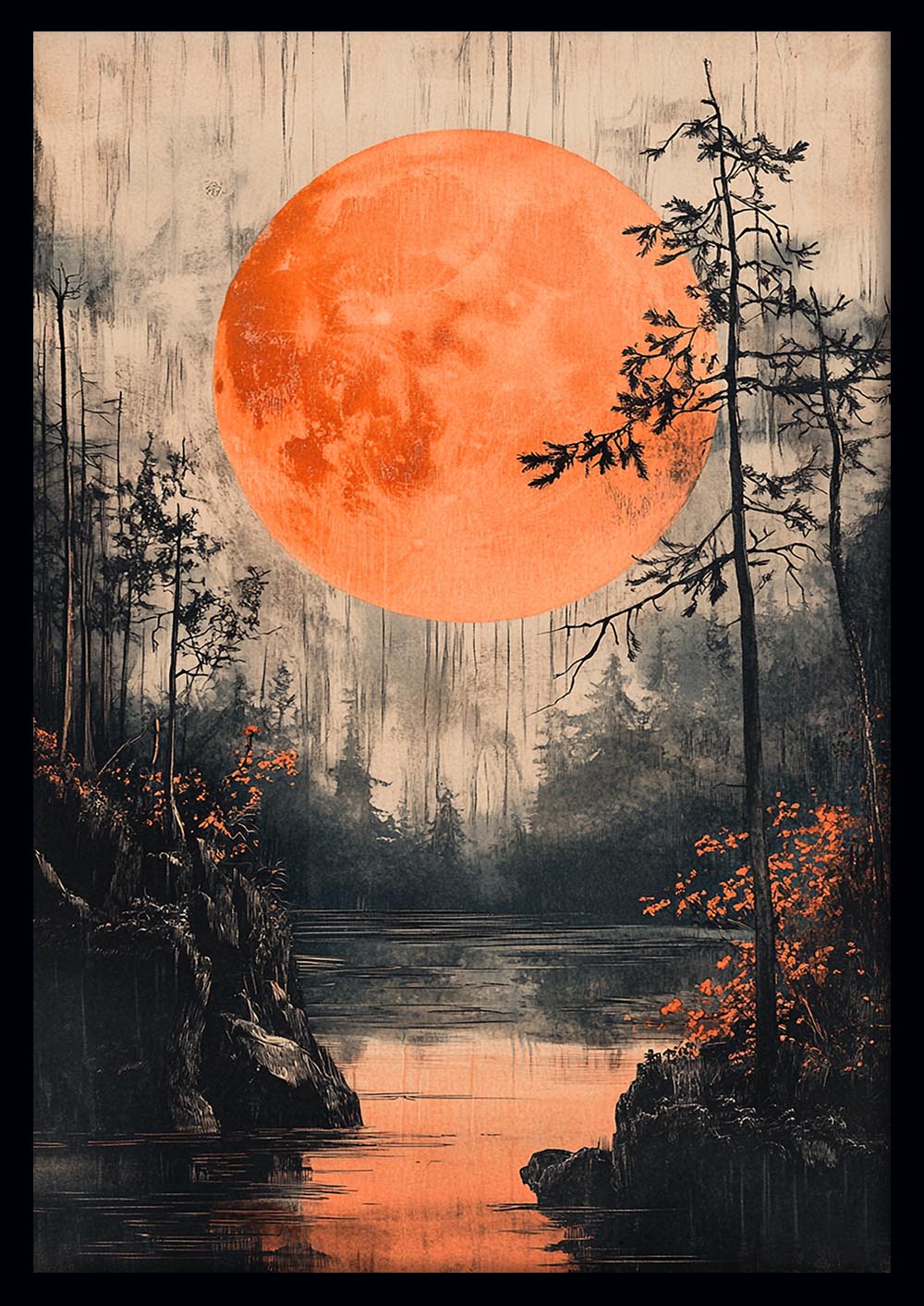 Blood Moon Over Forest Lake Canvas Wall Art & Poster Print | Mystical Night Landscape Painting – T1335 – Aiprintlab 1