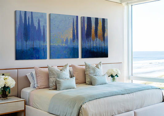 Blue Abstract Forest Landscape Canvas Wall Art – Single & 3 Panel Canvas – AI PRINT LAB
